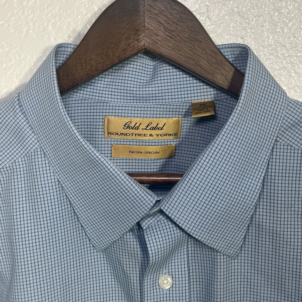 Roundtree & Yorke Gold Label Non-Iron Cotton Blue Check Dress Shirt 2XL 34/35